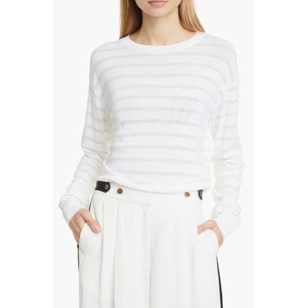 Rag & Bone Ayesha Sweater Women's Medium M Ivory Stripe Crewneck Knit Semi Sheer